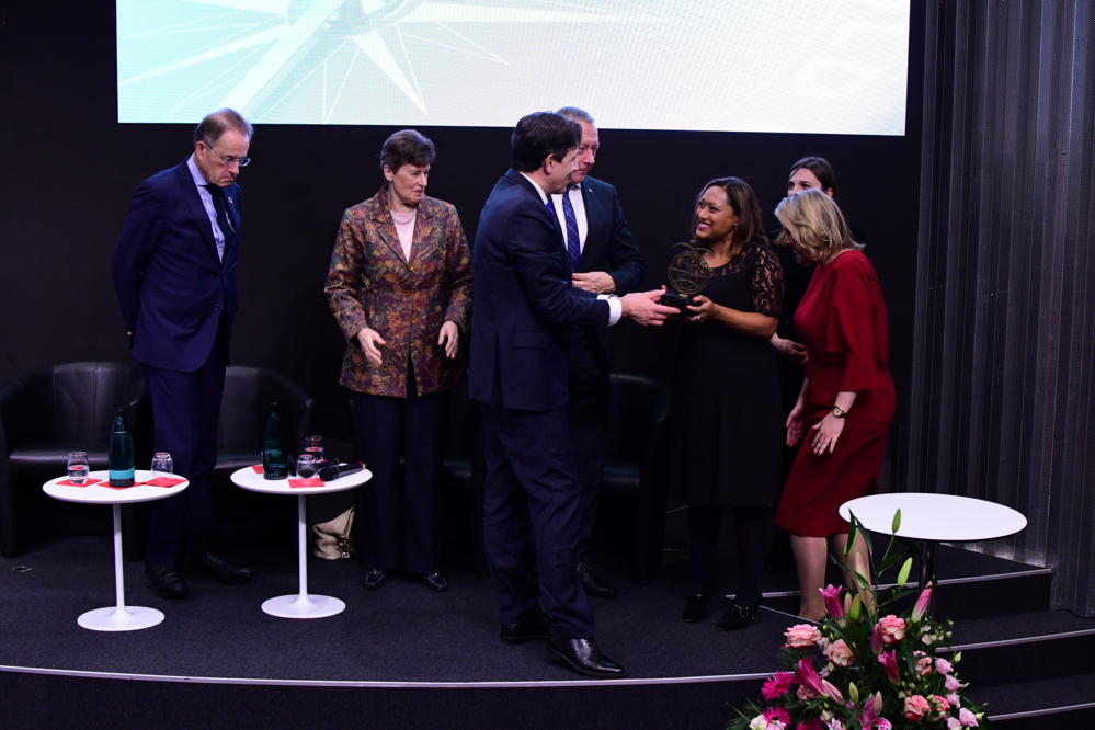 Image: BMJ receiving the award from Ambassador Dussey, Mr Michael Møller, Ms Angela Kane and Lieutenant General (Retd) André Blattmann